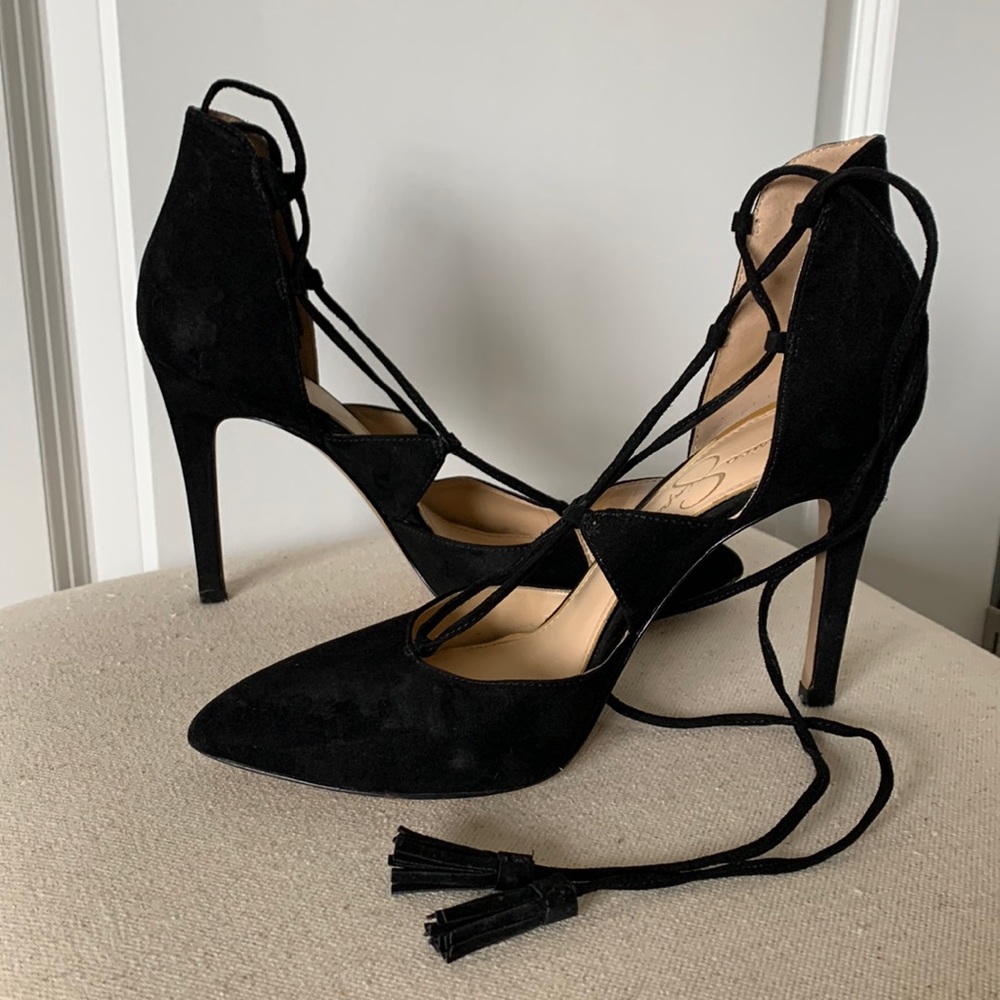 Jessica Simpson black velvet heels with tassel ties. Size 7.5